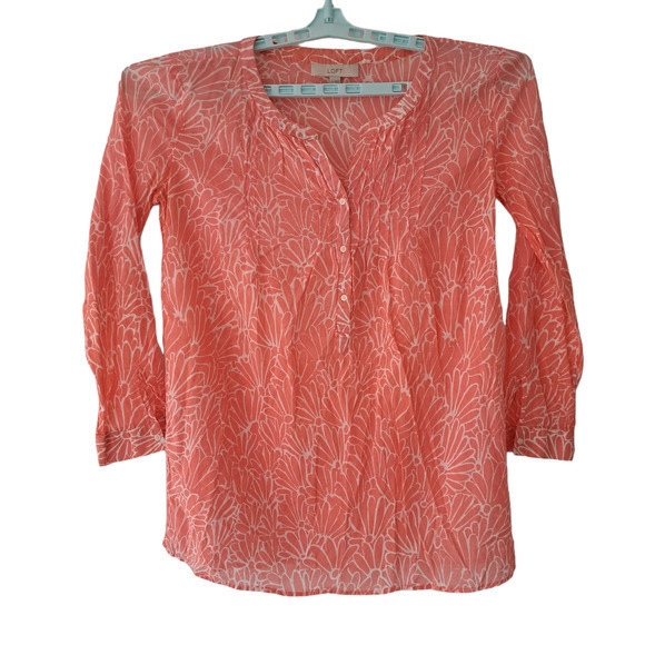Loft Tunic 3/4 Sleeve Crew Neck Button Front Blouse Pink Floral Sz S 100% Cotton - Picture 1 of 5